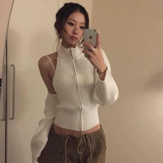 Cold Shoulder Half-Zip Ribbed Knit