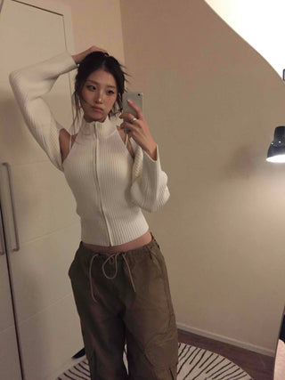 Cold Shoulder Half-Zip Ribbed Knit