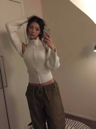 Cold Shoulder Half-Zip Ribbed Knit