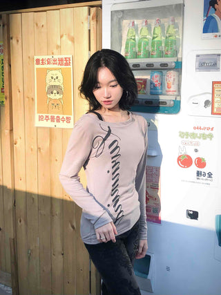 Lettering Embroidered Slim Fit Round Neck Long Sleeve T-shirt