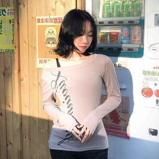 Lettering Embroidered Slim Fit Round Neck Long Sleeve T-shirt