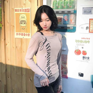 Lettering Embroidered Slim Fit Round Neck Long Sleeve T-shirt