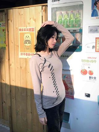 Lettering Embroidered Slim Fit Round Neck Long Sleeve T-shirt