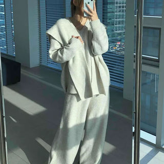 Minimal V-neck Long Pants Shoulder Shawl Knit Tracksuit Set