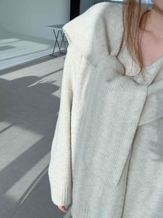 Minimal V-neck Long Pants Shoulder Shawl Knit Tracksuit Set