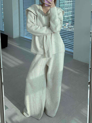 Minimal V-neck Long Pants Shoulder Shawl Knit Tracksuit Set