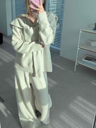 Minimal V-neck Long Pants Shoulder Shawl Knit Tracksuit Set