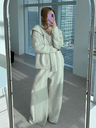 Minimal V-neck Long Pants Shoulder Shawl Knit Tracksuit Set