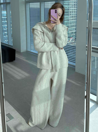 Minimal V-neck Long Pants Shoulder Shawl Knit Tracksuit Set