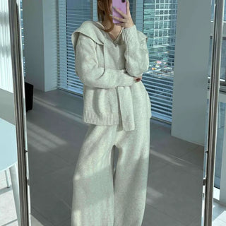 Minimal V-neck Long Pants Shoulder Shawl Knit Tracksuit Set