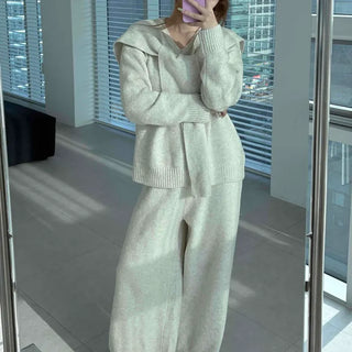 Minimal V-neck Long Pants Shoulder Shawl Knit Tracksuit Set