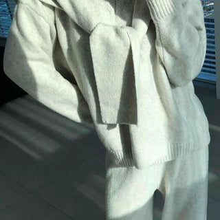 Minimal V-neck Long Pants Shoulder Shawl Knit Tracksuit Set