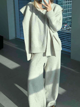 Minimal V-neck Long Pants Shoulder Shawl Knit Tracksuit Set