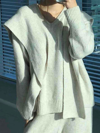Minimal V-neck Long Pants Shoulder Shawl Knit Tracksuit Set