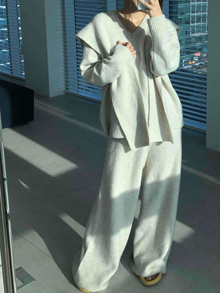 Minimal V-neck Long Pants Shoulder Shawl Knit Tracksuit Set