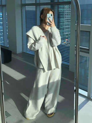 Minimal V-neck Long Pants Shoulder Shawl Knit Tracksuit Set