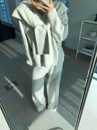Minimal V-neck Long Pants Shoulder Shawl Knit Tracksuit Set