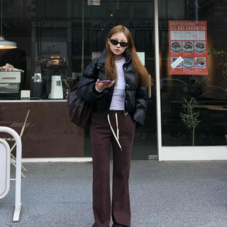 Brown Loose Fit Double-Pleat Straight Slacks