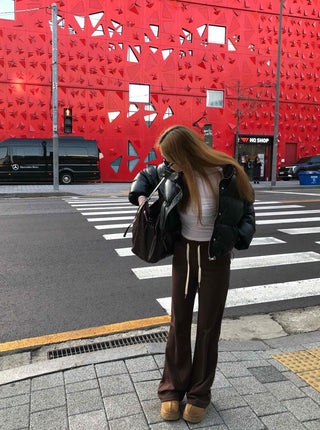 Brown Loose Fit Double-Pleat Straight Slacks