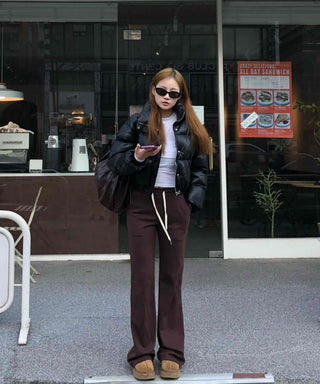 Brown Loose Fit Double-Pleat Straight Slacks