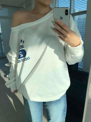 College Arch Logo Sliding Neckline Balloon Fit Sweatshirt