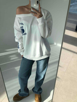 College Arch Logo Sliding Neckline Balloon Fit Sweatshirt