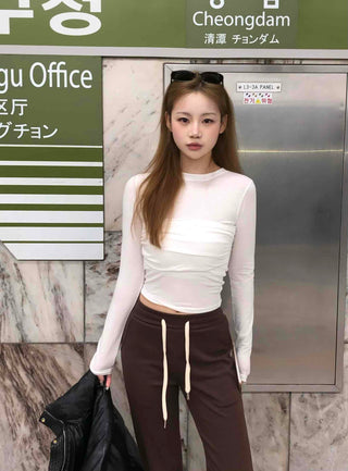 Slim Fit Cropped Long Sleeve Tee with Shirring Details