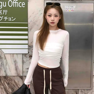 Slim Fit Cropped Long Sleeve Tee with Shirring Details