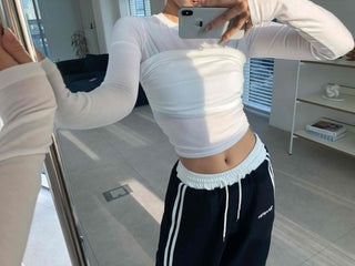 Slim Fit Cropped Long Sleeve Tee with Shirring Details
