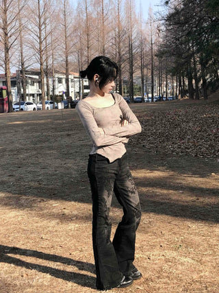 Bear Wappen Asymmetrical Slim Round Neck Long Sleeve Tee