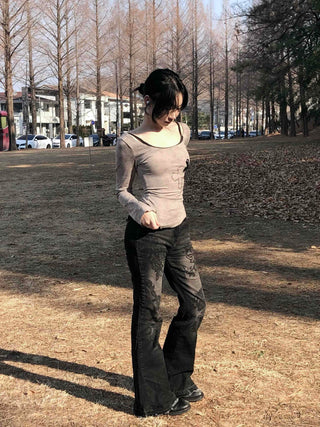 Bear Wappen Asymmetrical Slim Round Neck Long Sleeve Tee