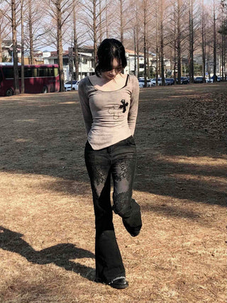 Bear Wappen Asymmetrical Slim Round Neck Long Sleeve Tee