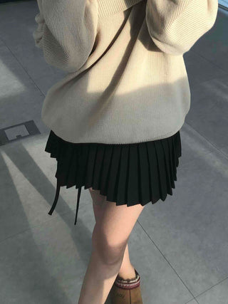 Back Ribbon Tennis Pleated Mini Skirt