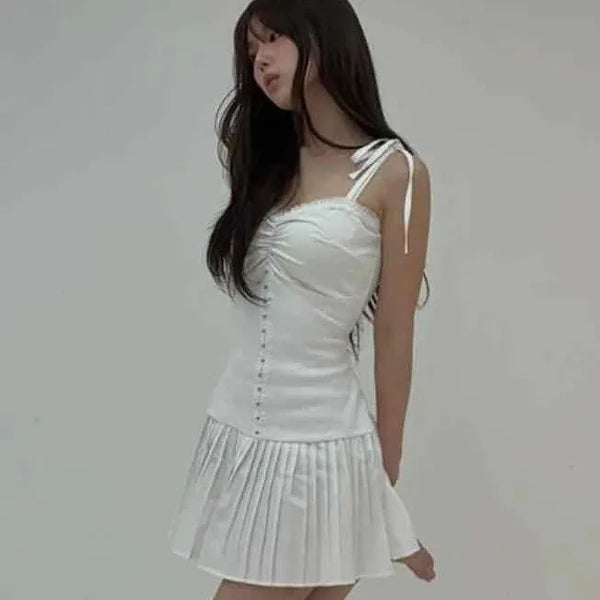 Button Detail Ribbon Strap Ruffle Peplum Dress