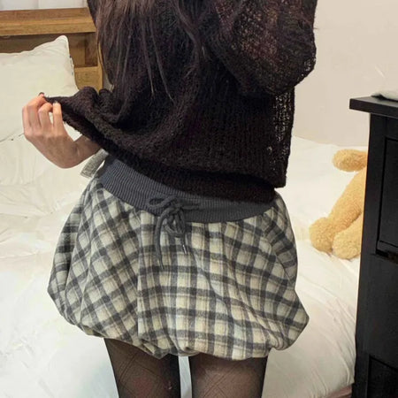 Cozy Check Elastic Waist Balloon Mini Skirt