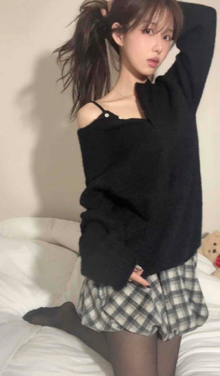 Cozy Check Elastic Waist Balloon Mini Skirt
