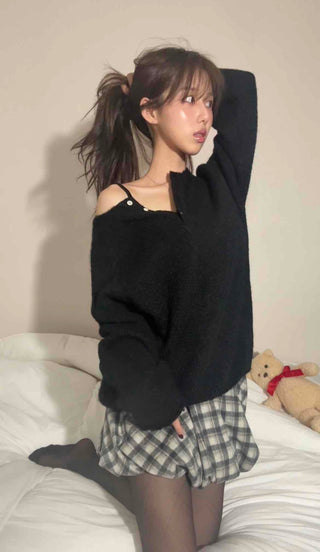 Cozy Check Elastic Waist Balloon Mini Skirt