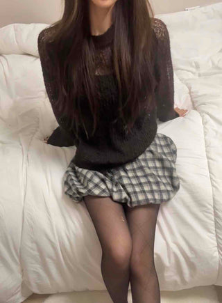 Cozy Check Elastic Waist Balloon Mini Skirt