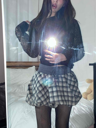 Cozy Check Elastic Waist Balloon Mini Skirt