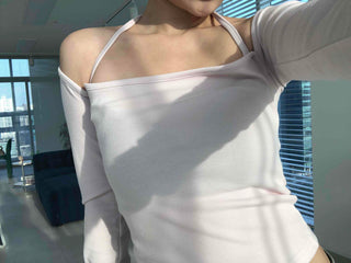 Twisted Shoulder Strap Square Neck Crop Long Sleeve T-shirt