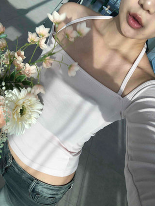 Twisted Shoulder Strap Square Neck Crop Long Sleeve T-shirt