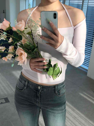 Twisted Shoulder Strap Square Neck Crop Long Sleeve T-shirt