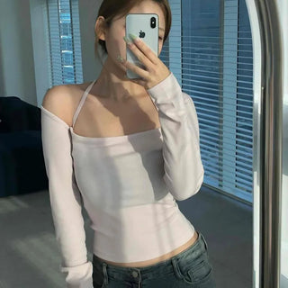 Twisted Shoulder Strap Square Neck Crop Long Sleeve T-shirt