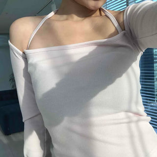 Twisted Shoulder Strap Square Neck Crop Long Sleeve T-shirt