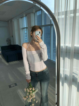 Twisted Shoulder Strap Square Neck Crop Long Sleeve T-shirt