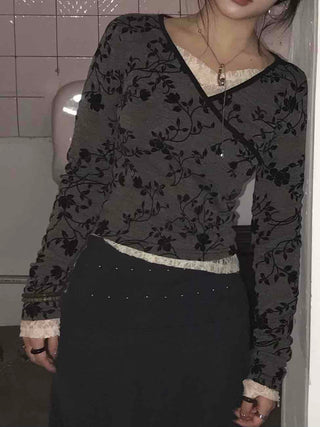 Velvet Embroidered V-neck T-shirt