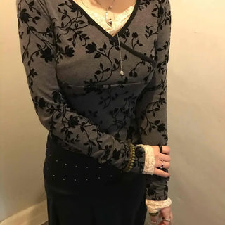 Velvet Embroidered V-neck T-shirt