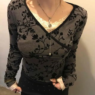Velvet Embroidered V-neck T-shirt