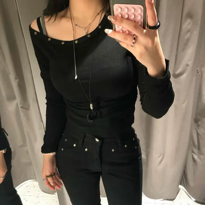 Sexy Off-Shoulder Slim Fit Ribbed Long Sleeve Tee