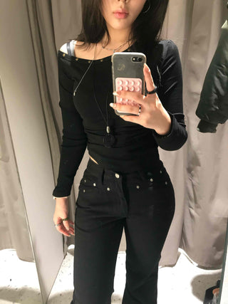 Sexy Off-Shoulder Slim Fit Ribbed Long Sleeve Tee